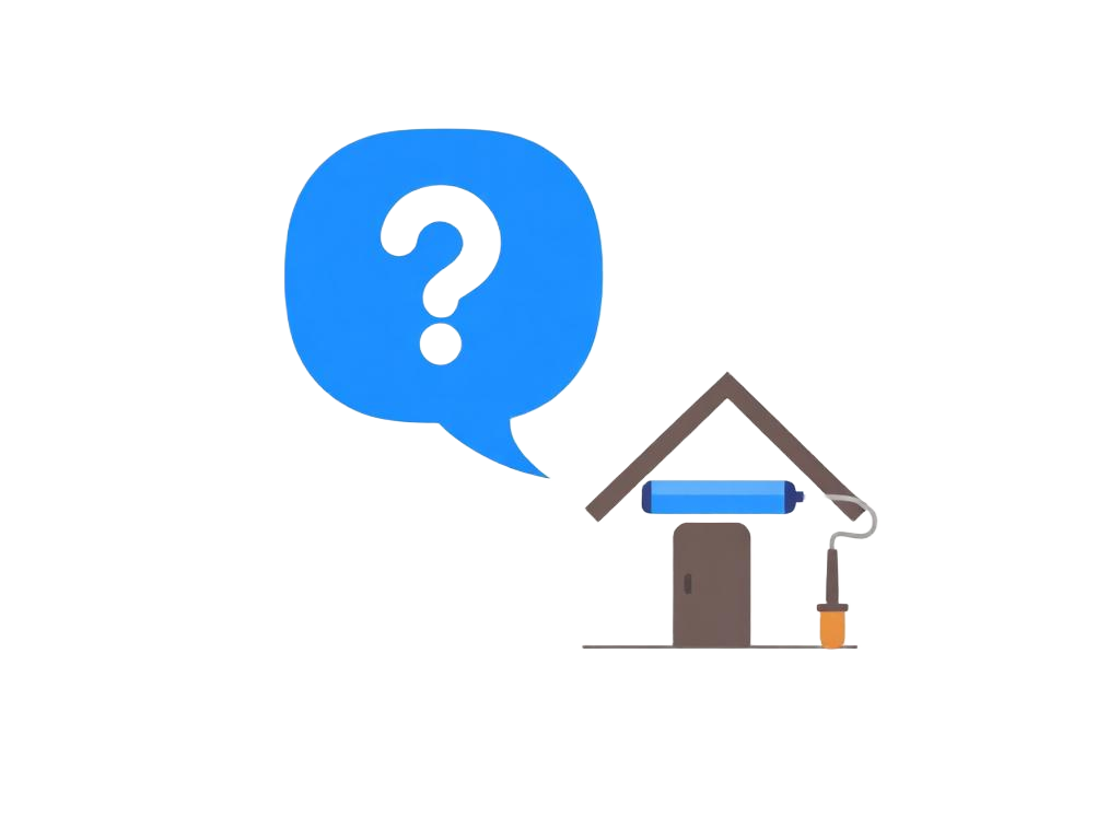 Ilustración: burbuja con signo de interrogación y casa con rodillo