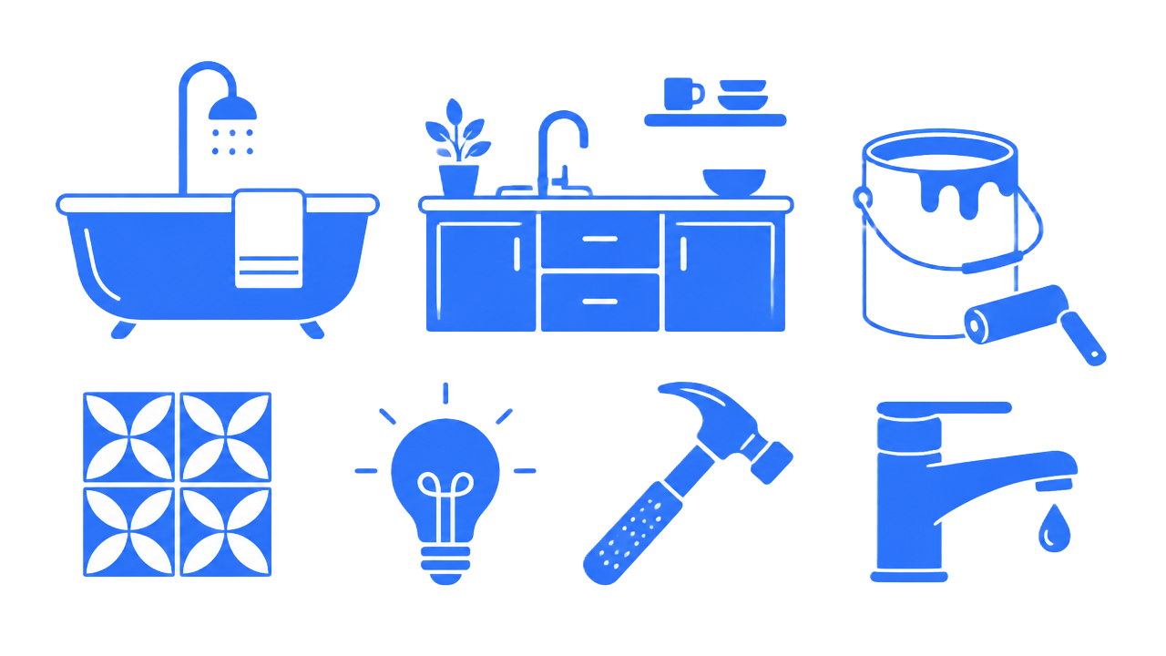 Iconos de reforma: baño, cocina, pintura, azulejos, fontanería